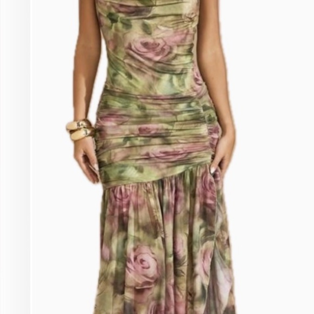 Floral Ruched Maxi Dress in Green and Pink